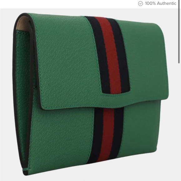 Gucci Green Leather Web Clutch - Picture 2 of 6